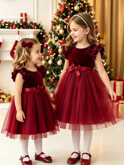 SHEIN Girls Princess Dress, Burgundy Mesh Dress, Birthday Party, Wedding Holiday Dress, Bow, Sleeveless, Partywear, Prom Dresses, Graduation Dresses, Christmas Young Girl, New Year Dress