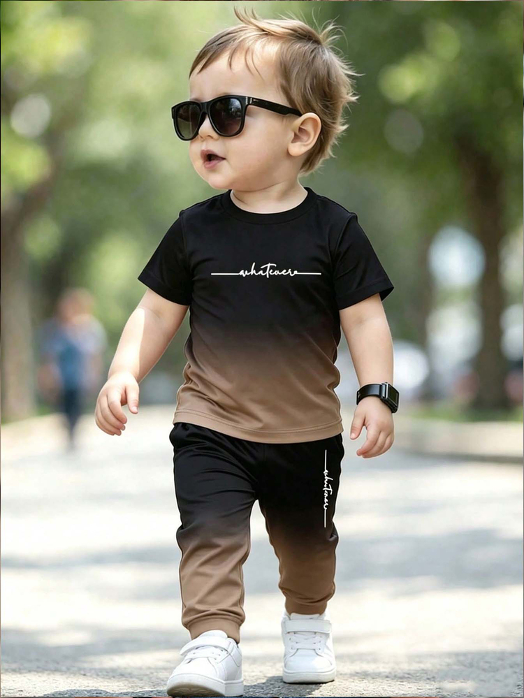 1 Set Young Boys' Casual Minimalist Letter Print Round Neck Ombre Short Sleeve T-Shirt And Matching Pants Outfit, Spring To Summer - Multicolor - View 1