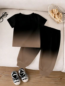 1 Set Young Boys' Casual Minimalist Letter Print Round Neck Ombre Short Sleeve T-Shirt And Matching Pants Outfit, Spring To Summer - Multicolor - View 3