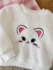 2件組女嬰幼童女童衛衣套頭衫，可愛甜美粉白格紋貓咪刺繡，毛茸茸長袖圓領加厚款，適合秋冬冬季節日 - 彩色 - 查看 6