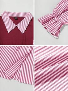 EMERY ROSE Women's Casual Striped Patchwork 2 In 1 Top Fall Cloth For Women - Burgundy - View 9