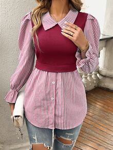 EMERY ROSE Women's Casual Striped Patchwork 2 In 1 Top Fall Cloth For Women - Burgundy - View 3