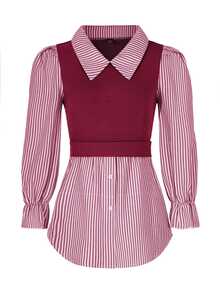 EMERY ROSE Women's Casual Striped Patchwork 2 In 1 Top Fall Cloth For Women - Burgundy - View 7