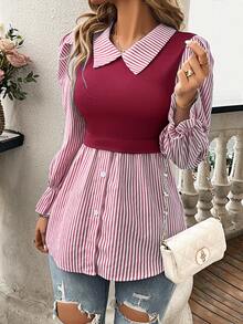 EMERY ROSE Women's Casual Striped Patchwork 2 In 1 Top Fall Cloth For Women - Burgundy - View 4