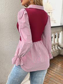EMERY ROSE Women's Casual Striped Patchwork 2 In 1 Top Fall Cloth For Women - Burgundy - View 2