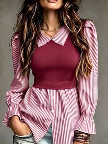 EMERY ROSE Women's Casual Striped Patchwork 2 In 1 Top Fall Cloth For Women - Burgundy - View 1