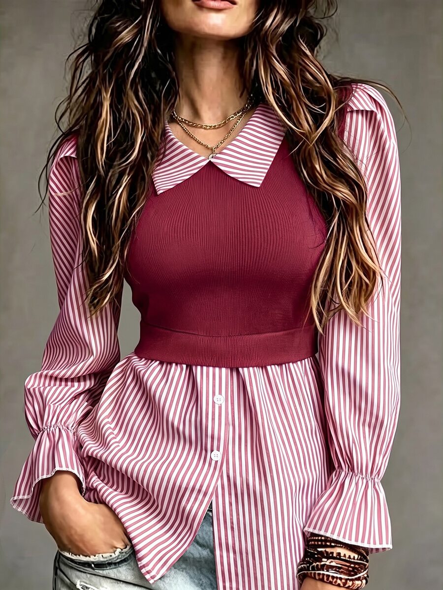 EMERY ROSE Women's Casual Striped Patchwork 2 In 1 Top Fall Cloth For Women - Burgundy - View 1