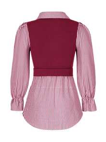 EMERY ROSE Women's Casual Striped Patchwork 2 In 1 Top Fall Cloth For Women - Burgundy - View 8