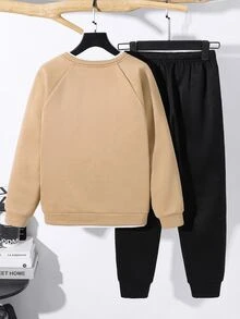 SHEIN Kids Tween Boy Casual 2 Pieces Sweatshirt & Sweatpants Set, Khaki Sweatshirt Set, Basic Top, Suitable For Fall/Winter, FallOutfit, WinterOutfit, School, Family Gathering, Sports - Multicolor - View 3