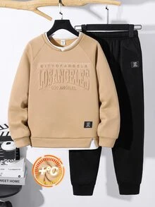 SHEIN Kids Tween Boy Casual 2 Pieces Sweatshirt & Sweatpants Set, Khaki Sweatshirt Set, Basic Top, Suitable For Fall/Winter, FallOutfit, WinterOutfit, School, Family Gathering, Sports - Multicolor - View 2