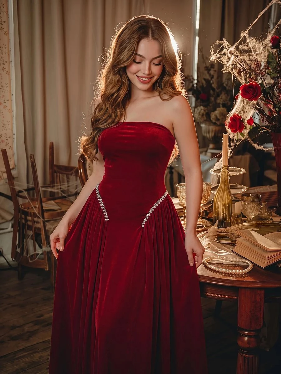 SHEIN MOD Burgundy Red Velvet Strapless Pearl Rhinestone Embellished Dress Dinner Anniversary Summer Romantic Elegant Wedding - Burgundy - View 1