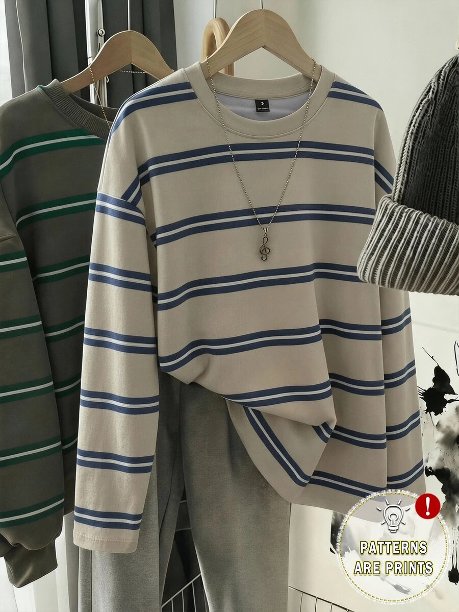 SHEIN EZwear 女款藍白條紋圓領T恤,休閒秋季返校長袖上衣,優雅Y2K時尚百搭校園出遊款 - 彩色 - 查看 1