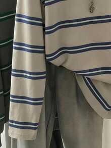 SHEIN EZwear 女款藍白條紋圓領T恤，休閒秋季返校長袖上衣，優雅Y2K時尚百搭校園出遊款 - 彩色 - 查看 5