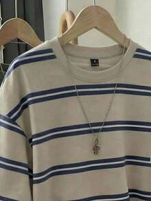 SHEIN EZwear 女款藍白條紋圓領T恤，休閒秋季返校長袖上衣，優雅Y2K時尚百搭校園出遊款 - 彩色 - 查看 3