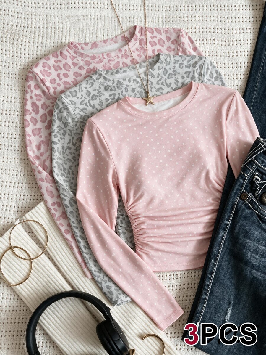 (3 Pcs) Autumn Women's Teen Fashion Polka Dot Pink Base Leopard Print Grey Leopard Pattern Basic Waist Gathered Long Sleeve T-Shirt - Multicolor - View 1
