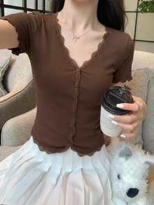 Livesso Lace Frill Trim Fitted Cardigan Night Out Coffee Brown Autumn Sexy - Brown - View 3