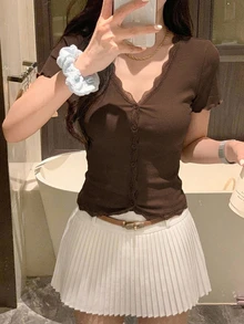 Livesso Lace Frill Trim Fitted Cardigan Night Out Coffee Brown Autumn Sexy - Brown - View 5