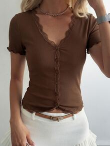 Livesso Lace Frill Trim Fitted Cardigan Night Out Coffee Brown Autumn Sexy - Brown - View 8