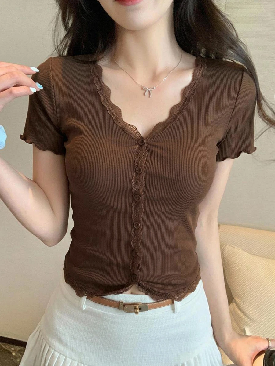 Livesso Lace Frill Trim Fitted Cardigan Night Out Coffee Brown Autumn Sexy - Brown - View 1