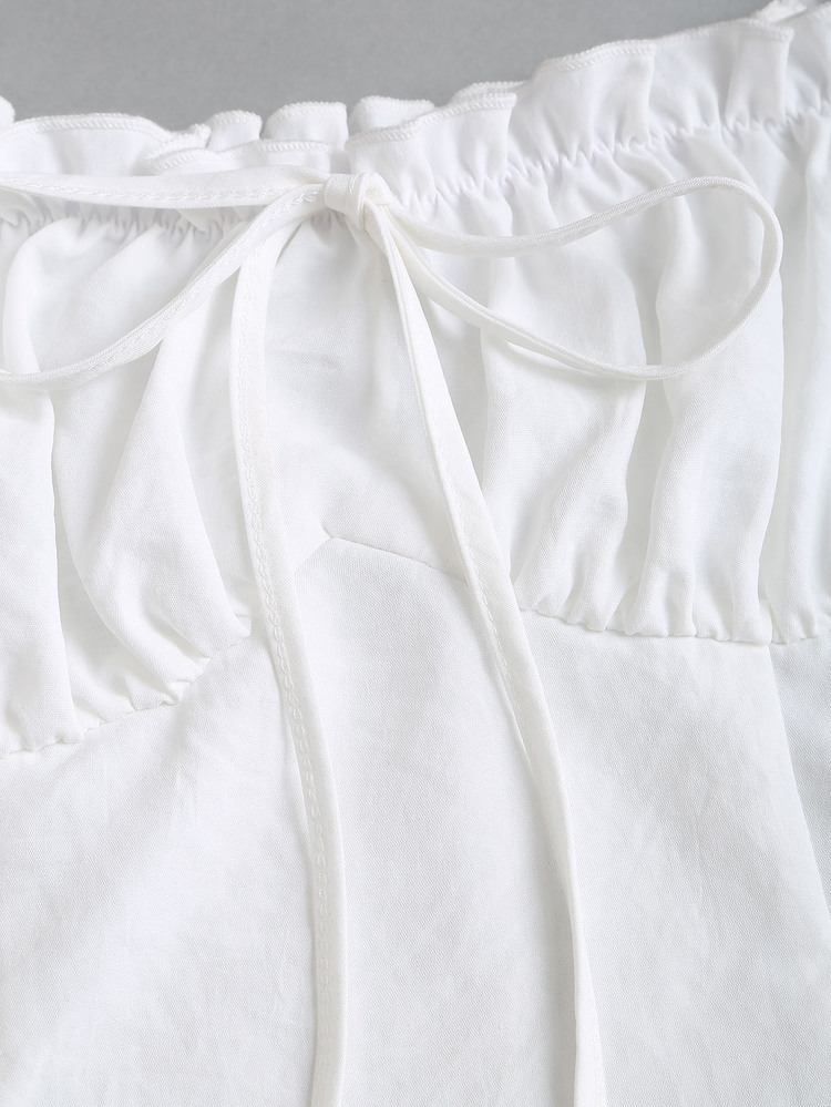 Sweetra Women's Sweet Elegant Cottagecore Romantic White Party Picnic Garden Party Dress Off-Shoulder Puff Sleeve Back Drawstring Waist Asymmetric Ruffle Hem - White - View 4