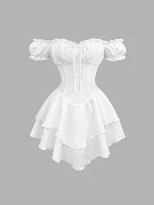 Sweetra Women's Sweet Elegant Cottagecore Romantic White Party Picnic Garden Party Dress Off-Shoulder Puff Sleeve Back Drawstring Waist Asymmetric Ruffle Hem - White - View 3