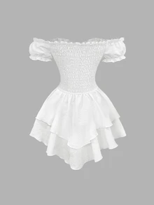 Sweetra Women's Sweet Elegant Cottagecore Romantic White Party Picnic Garden Party Dress Off-Shoulder Puff Sleeve Back Drawstring Waist Asymmetric Ruffle Hem - White - View 2