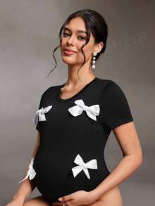 Cheriluna Maternity 黑色天鵝絨蝴蝶結連身衣，3D白色蝴蝶結細節，圓領修身版型，高彈力緊身設計，美式辣妹風，性感時尚，孕婦攝影辣媽風格 - 黑色 - 查看 1
