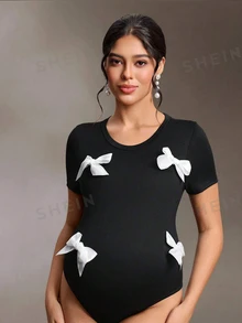 Cheriluna Maternity 黑色天鵝絨蝴蝶結連身衣，3D白色蝴蝶結細節，圓領修身版型，高彈力緊身設計，美式辣妹風，性感時尚，孕婦攝影辣媽風格 - 黑色 - 查看 4