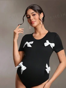 Cheriluna Maternity 黑色天鵝絨蝴蝶結連身衣，3D白色蝴蝶結細節，圓領修身版型，高彈力緊身設計，美式辣妹風，性感時尚，孕婦攝影辣媽風格 - 黑色 - 查看 6