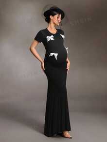 Cheriluna Maternity 黑色天鵝絨蝴蝶結連身衣，3D白色蝴蝶結細節，圓領修身版型，高彈力緊身設計，美式辣妹風，性感時尚，孕婦攝影辣媽風格 - 黑色 - 查看 5