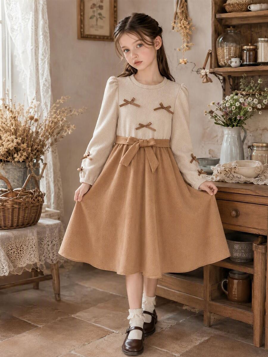 SHEIN Girls' Contrast Color Bow Long Sleeve Dress, Round Neck Puff Sleeve Knit & Faux Wool Spliced A-Line Midi Dress, Multiple Satin Bow Decor, Comes With Matching Removable Waist Belt, Vintage Gentle Princess Style For Tween GirlsVersatile For Autumn/Winter Daily Wear, Holiday & Party - Brown - View 1