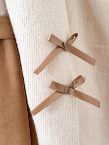 SHEIN Girls' Contrast Color Bow Long Sleeve Dress, Round Neck Puff Sleeve Knit & Faux Wool Spliced A-Line Midi Dress, Multiple Satin Bow Decor, Comes With Matching Removable Waist Belt, Vintage Gentle Princess Style For Tween GirlsVersatile For Autumn/Winter Daily Wear, Holiday & Party - Brown - View 9