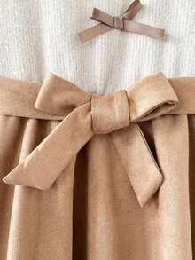 SHEIN Girls' Contrast Color Bow Long Sleeve Dress, Round Neck Puff Sleeve Knit & Faux Wool Spliced A-Line Midi Dress, Multiple Satin Bow Decor, Comes With Matching Removable Waist Belt, Vintage Gentle Princess Style For Tween GirlsVersatile For Autumn/Winter Daily Wear, Holiday & Party - Brown - View 8