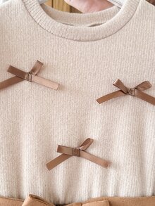 SHEIN Girls' Contrast Color Bow Long Sleeve Dress, Round Neck Puff Sleeve Knit & Faux Wool Spliced A-Line Midi Dress, Multiple Satin Bow Decor, Comes With Matching Removable Waist Belt, Vintage Gentle Princess Style For Tween GirlsVersatile For Autumn/Winter Daily Wear, Holiday & Party - Brown - View 5