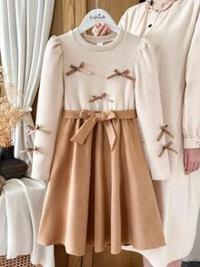 SHEIN Girls' Contrast Color Bow Long Sleeve Dress, Round Neck Puff Sleeve Knit & Faux Wool Spliced A-Line Midi Dress, Multiple Satin Bow Decor, Comes With Matching Removable Waist Belt, Vintage Gentle Princess Style For Tween GirlsVersatile For Autumn/Winter Daily Wear, Holiday & Party - Brown - View 4
