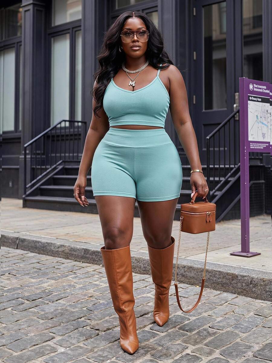 Slaydiva Slayr Summer Basic Loose Fit Women's Plus Size Outdoor Casual Tank Top & Shorts Set - Mint Green - View 1