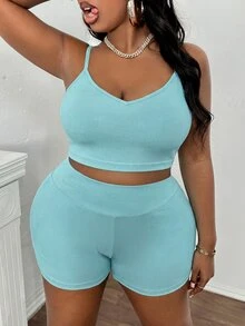 Slaydiva Slayr Summer Basic Loose Fit Women's Plus Size Outdoor Casual Tank Top & Shorts Set - Mint Green - View 3