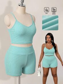 Slaydiva Slayr Summer Basic Loose Fit Women's Plus Size Outdoor Casual Tank Top & Shorts Set - Mint Green - View 10