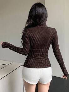 DAZY Stand Collar Long Sleeve Zipper Coffee Brown Polka Dot Print Slim Fit Waist Cropped Sports Jacket Fall - Coffee Brown - View 2