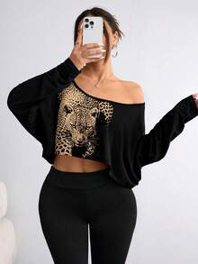 Elenzga Plus-Size Women's Asymmetrical Neckline Long-Sleeved Short Casual T-Shirt, Leopard Color Blocking Pa Fall - Multicolor - View 1