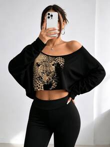 Elenzga Plus-Size Women's Asymmetrical Neckline Long-Sleeved Short Casual T-Shirt, Leopard Color Blocking Pa Fall - Multicolor - View 3