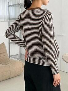 DAZY Color Block Striped Loose Long Sleeve Casual Daily Vacation Streetwear Spring Autumn Maternity T-Shirt - Brown - View 2