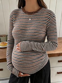 DAZY Color Block Striped Loose Long Sleeve Casual Daily Vacation Streetwear Spring Autumn Maternity T-Shirt - Brown - View 1