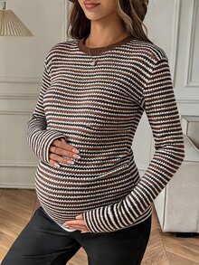 DAZY Color Block Striped Loose Long Sleeve Casual Daily Vacation Streetwear Spring Autumn Maternity T-Shirt - Brown - View 3