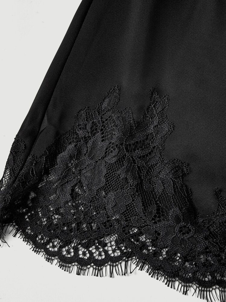 SHEIN MOD Black Tie Party Date Night Out One Shoulder Lace Hem Satin Mini Dress Summer Sexy Romantic Elegant - Black - View 6