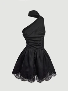 SHEIN MOD Black Tie Party Night Out One Shoulder Lace Hem Satin Mini Dress Summer Sexy - Black - View 4