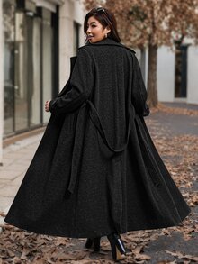 SHEIN Clasi 大尺碼女款純色長袖翻領雙排扣優雅大衣 - 黑色 - 查看 2
