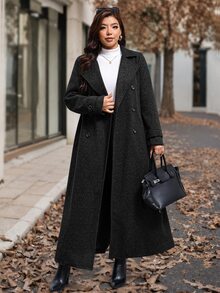 SHEIN Clasi 大尺碼女款純色長袖翻領雙排扣優雅大衣 - 黑色 - 查看 7