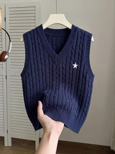 SHEIN Chaleco de punto con textura de cable bordado para niñas preadolescentes, estilo preppy, tipo pullover, esencial de otoño/invierno, ropa de vuelta a la escuela para niñas