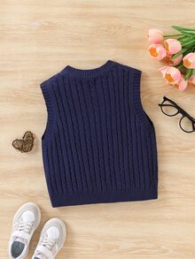SHEIN 青少年女孩麻花紋理刺繡針織背心，學院風套頭式，秋冬必備返校服飾 - 藏蓝色 - 查看 3